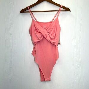A New Day - NWT Coral Pink Swoop Front Spaghetti Strap Snap Bodysuit Size Small